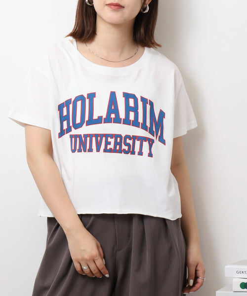 ショート丈裾フリンジオーバサイズシルエットロゴプリントTシャツ