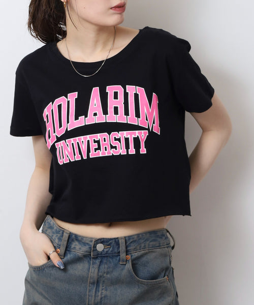 ショート丈裾フリンジオーバサイズシルエットロゴプリントTシャツ