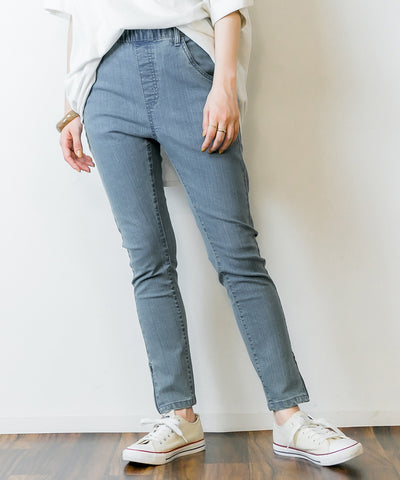 裾ジッパー付き ウエストゴム デニムスリムパンツ