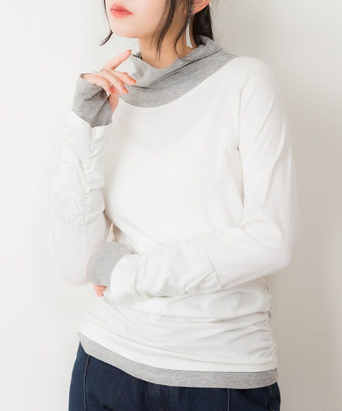 くしゅタートルネック指穴ロングTシャツ ロンt  丸首 Tシャツ 秋 春コーデ レディース カジュアル ビッグサイズ 体型カバー ビッグシルエット 大きいサイズ かわいい きれい M/L/LL/XL/XXL/3L/4Lサイズ 春 秋 冬