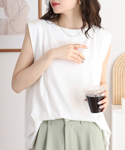 肩タックノースリーブボートネックTシャツ