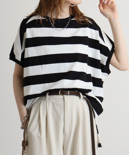 太ボーダーワイドフレンチスリーブTEE