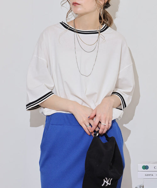 配色袖リブライン入りTシャツ