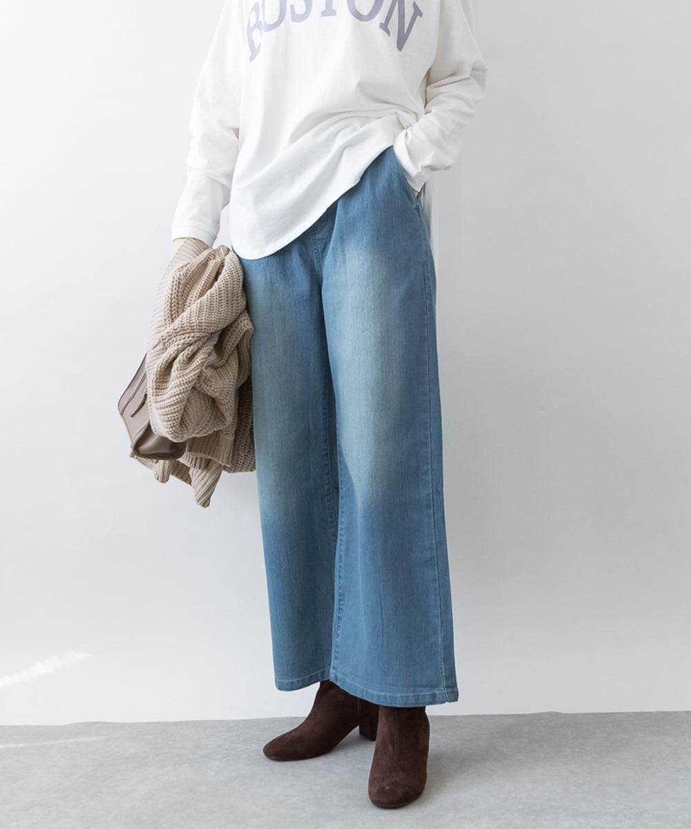 ウエストリブワイドストレートデニムパンツ