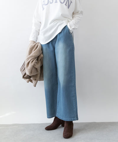 ウエストリブワイドストレートデニムパンツ