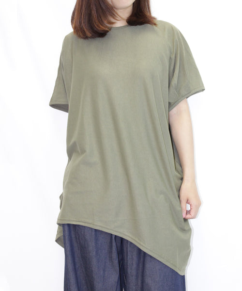 ランダムシルエットノースリーブカットソー 半端袖 カットソー 半袖 ユーネック丸首 Tシャツ 春コーデ レディース カジュアル 綿 ビッグサイズ 体型カバー ビッグシルエット 大きいサイズ かわいい きれい M/L/LL/XL/XXL/3L/4Lサイズ 春 夏 秋