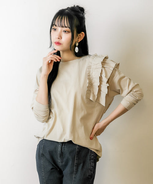 片袖フリル長袖カットソー