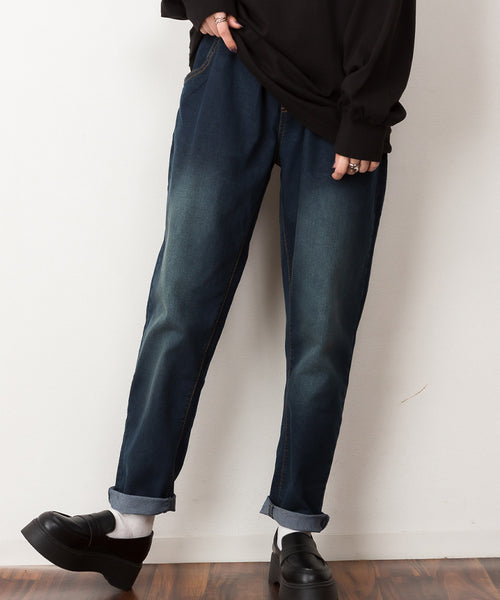 ウエストゴムテーパードデニムパンツ