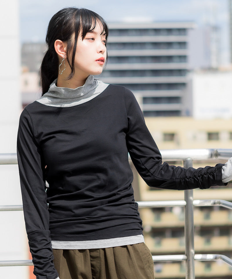 くしゅタートルネック指穴ロングTシャツ ロンt  丸首 Tシャツ 秋 春コーデ レディース カジュアル ビッグサイズ 体型カバー ビッグシルエット 大きいサイズ かわいい きれい M/L/LL/XL/XXL/3L/4Lサイズ 春 秋 冬