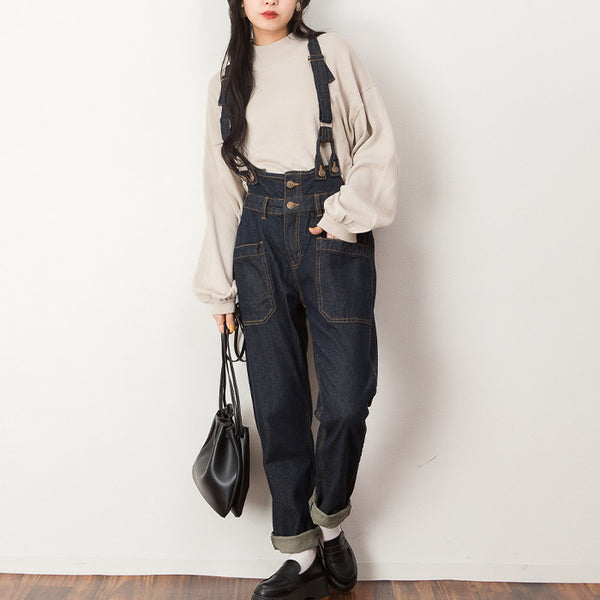 10OZオーバーオールデニムパンツ 綿100％ サロペット オールインワン コットン ゆったり リラックス 美脚 オフィス フィット デニムパンツ 可愛い 大きいサイズ ビッグサイズ ビッグシルエット ブルー インディゴ ネイビー 青 M L XL XXL LL 3L 4L レディース 春 夏 秋 冬