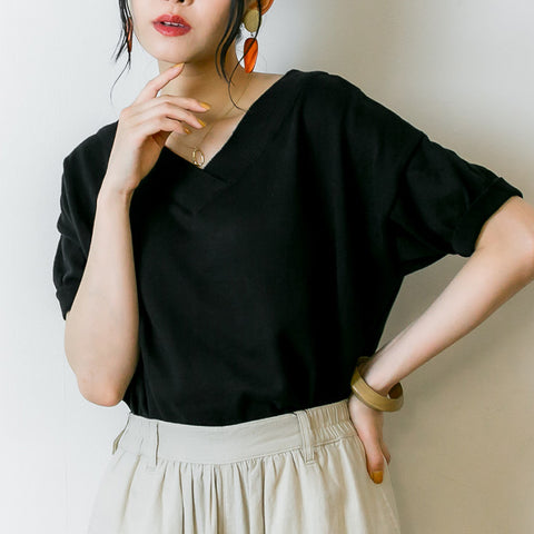 Vネックドルマン半袖綿ニット セーター カーディガン 半袖 ブイネック V首 Tシャツ 春コーデ レディース カジュアル ハーフスリーブ ビッグサイズ 体型カバー ビッグシルエット 大きいサイズ M/L/LL/XL/XXL/3L/4Lサイズ 春 夏 秋