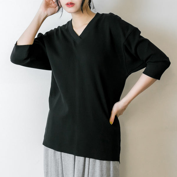 ストレッチワッフルVネックカットソー シンプル デザイン ロンt  Vネック ブイネック 丸首 Tシャツ 春コーデ レディース カジュアル 半端袖 7分袖 5分袖 ビッグサイズ 体型カバー ビッグシルエット 大きいサイズ かわいい きれい M/L/LL/XL/XXL/3L/4Lサイズ 春 夏 秋