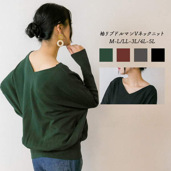袖リブドルマンVネックニット
