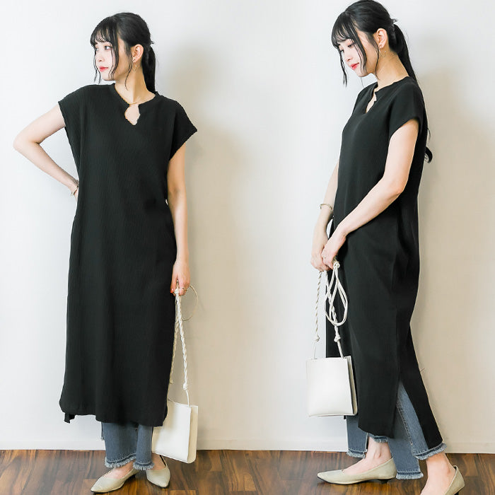 ワッフルノースリーブワンピース ゆったり リラックス オールインワン ドレス オフィス 体形カバー デザイン 可愛い 大きいサイズ ビッグサイズ ビッグシルエット ブルー インディゴ ネイビー 青 M L XL XXL LL 3L 4L レディース 春 夏 秋 冬
