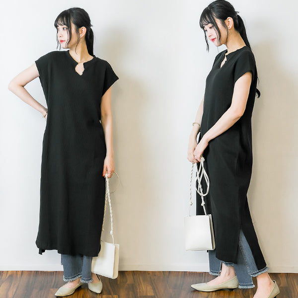 ワッフルノースリーブワンピース ゆったり リラックス オールインワン ドレス オフィス 体形カバー デザイン 可愛い 大きいサイズ ビッグサイズ ビッグシルエット ブルー インディゴ ネイビー 青 M L XL XXL LL 3L 4L レディース 春 夏 秋 冬