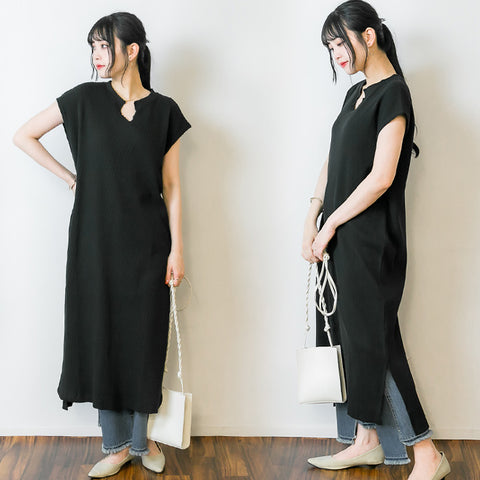 ワッフルノースリーブワンピース ゆったり リラックス オールインワン ドレス オフィス 体形カバー デザイン 可愛い 大きいサイズ ビッグサイズ ビッグシルエット ブルー インディゴ ネイビー 青 M L XL XXL LL 3L 4L レディース 春 夏 秋 冬