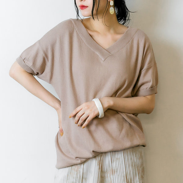 Vネックドルマン半袖綿ニット セーター カーディガン 半袖 ブイネック V首 Tシャツ 春コーデ レディース カジュアル ハーフスリーブ ビッグサイズ 体型カバー ビッグシルエット 大きいサイズ M/L/LL/XL/XXL/3L/4Lサイズ 春 夏 秋