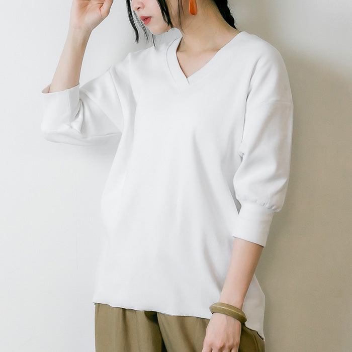 ストレッチワッフルVネックカットソー シンプル デザイン ロンt  Vネック ブイネック 丸首 Tシャツ 春コーデ レディース カジュアル 半端袖 7分袖 5分袖 ビッグサイズ 体型カバー ビッグシルエット 大きいサイズ かわいい きれい M/L/LL/XL/XXL/3L/4Lサイズ 春 夏 秋