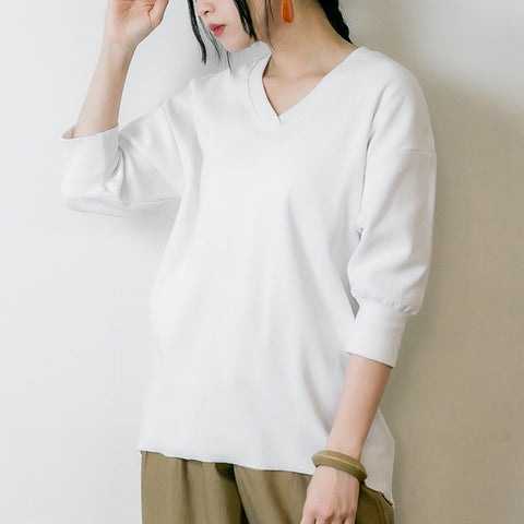 ストレッチワッフルVネックカットソー シンプル デザイン ロンt  Vネック ブイネック 丸首 Tシャツ 春コーデ レディース カジュアル 半端袖 7分袖 5分袖 ビッグサイズ 体型カバー ビッグシルエット 大きいサイズ かわいい きれい M/L/LL/XL/XXL/3L/4Lサイズ 春 夏 秋