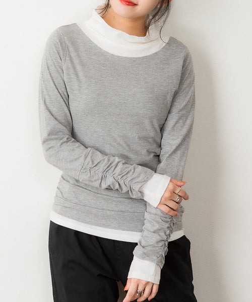 くしゅタートルネック指穴ロングTシャツ ロンt  丸首 Tシャツ 秋 春コーデ レディース カジュアル ビッグサイズ 体型カバー ビッグシルエット 大きいサイズ かわいい きれい M/L/LL/XL/XXL/3L/4Lサイズ 春 秋 冬