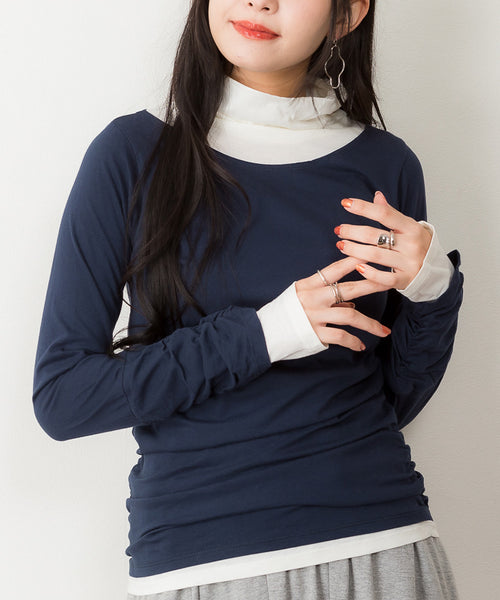 くしゅタートルネック指穴ロングTシャツ ロンt  丸首 Tシャツ 秋 春コーデ レディース カジュアル ビッグサイズ 体型カバー ビッグシルエット 大きいサイズ かわいい きれい M/L/LL/XL/XXL/3L/4Lサイズ 春 秋 冬