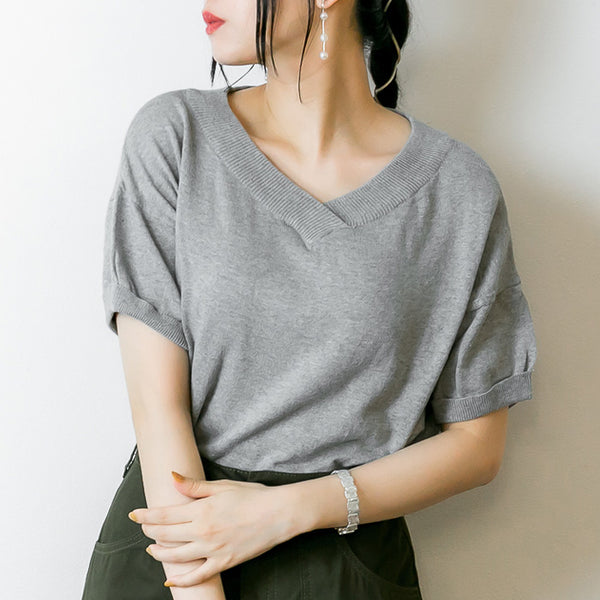 Vネックドルマン半袖綿ニット セーター カーディガン 半袖 ブイネック V首 Tシャツ 春コーデ レディース カジュアル ハーフスリーブ ビッグサイズ 体型カバー ビッグシルエット 大きいサイズ M/L/LL/XL/XXL/3L/4Lサイズ 春 夏 秋
