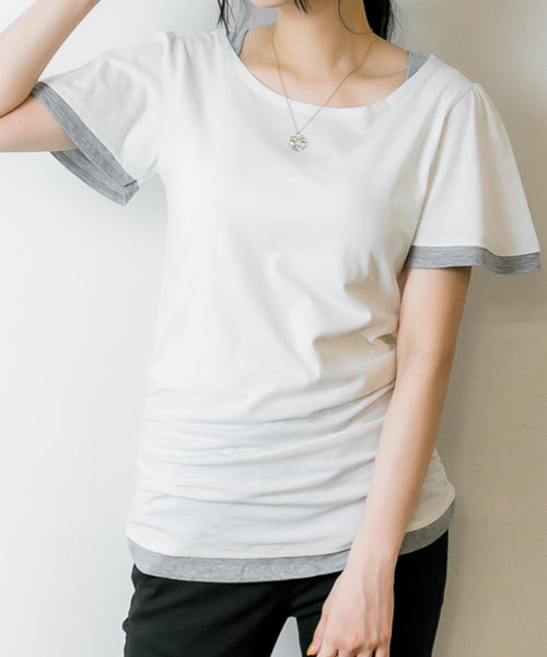 フレアー袖シャーリングカットソー バイカラー レイヤード スタイル カットソー 半袖 クルーネック 丸首  Tシャツ 春コーデ レディース カジュアル カットソー ハーフスリーブ ビッグサイズ 体型カバー ビッグシルエット 大きいサイズ M/L/LL/XL/XXL/3L/4Lサイズ 春 夏
