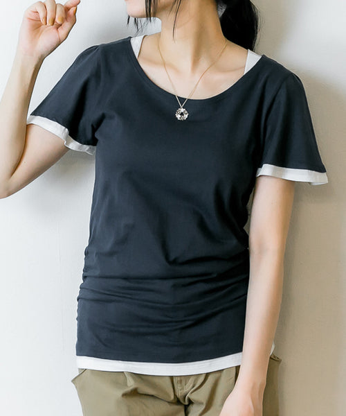 フレアー袖シャーリングカットソー バイカラー レイヤード スタイル カットソー 半袖 クルーネック 丸首  Tシャツ 春コーデ レディース カジュアル カットソー ハーフスリーブ ビッグサイズ 体型カバー ビッグシルエット 大きいサイズ M/L/LL/XL/XXL/3L/4Lサイズ 春 夏