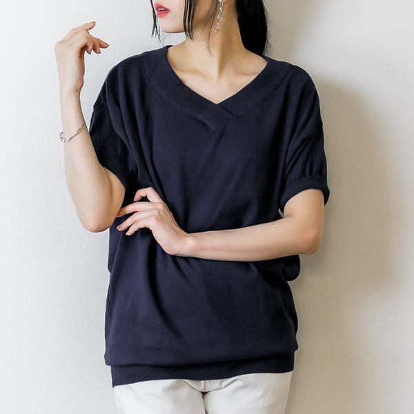 Vネックドルマン半袖綿ニット セーター カーディガン 半袖 ブイネック V首 Tシャツ 春コーデ レディース カジュアル ハーフスリーブ ビッグサイズ 体型カバー ビッグシルエット 大きいサイズ M/L/LL/XL/XXL/3L/4Lサイズ 春 夏 秋