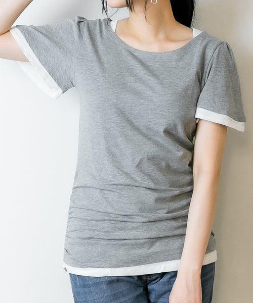 フレアー袖シャーリングカットソー バイカラー レイヤード スタイル カットソー 半袖 クルーネック 丸首  Tシャツ 春コーデ レディース カジュアル カットソー ハーフスリーブ ビッグサイズ 体型カバー ビッグシルエット 大きいサイズ M/L/LL/XL/XXL/3L/4Lサイズ 春 夏