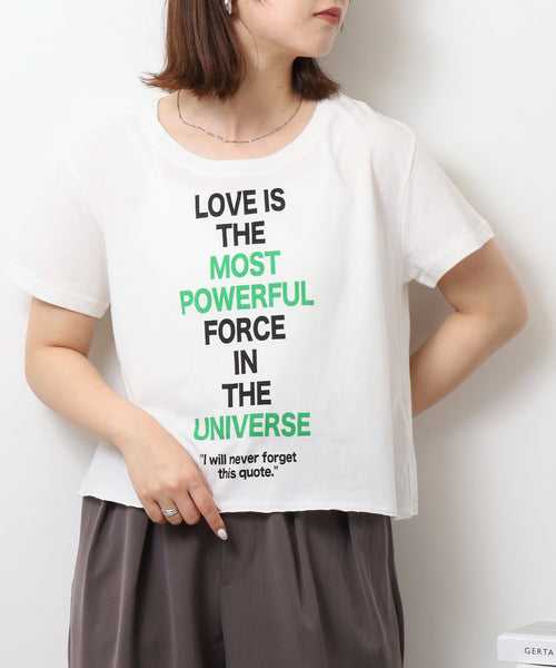 ショート丈裾フリンジオーバサイズシルエットロゴプリントTシャツ