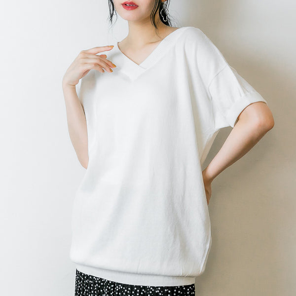 Vネックドルマン半袖綿ニット セーター カーディガン 半袖 ブイネック V首 Tシャツ 春コーデ レディース カジュアル ハーフスリーブ ビッグサイズ 体型カバー ビッグシルエット 大きいサイズ M/L/LL/XL/XXL/3L/4Lサイズ 春 夏 秋
