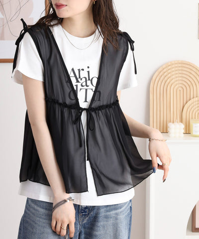 シフォンベスト＋天竺AラインシルエットTシャツアンサンブル
