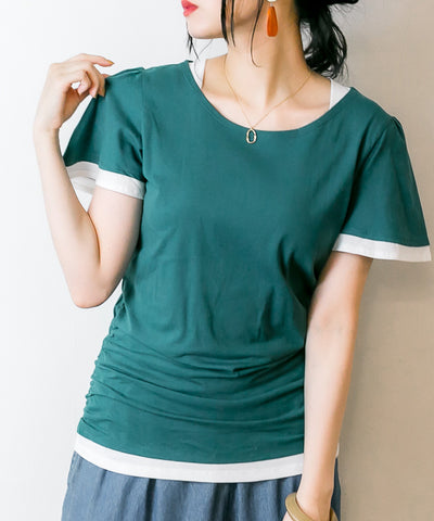 フレアー袖シャーリングカットソー バイカラー レイヤード スタイル カットソー 半袖 クルーネック 丸首  Tシャツ 春コーデ レディース カジュアル カットソー ハーフスリーブ ビッグサイズ 体型カバー ビッグシルエット 大きいサイズ M/L/LL/XL/XXL/3L/4Lサイズ 春 夏
