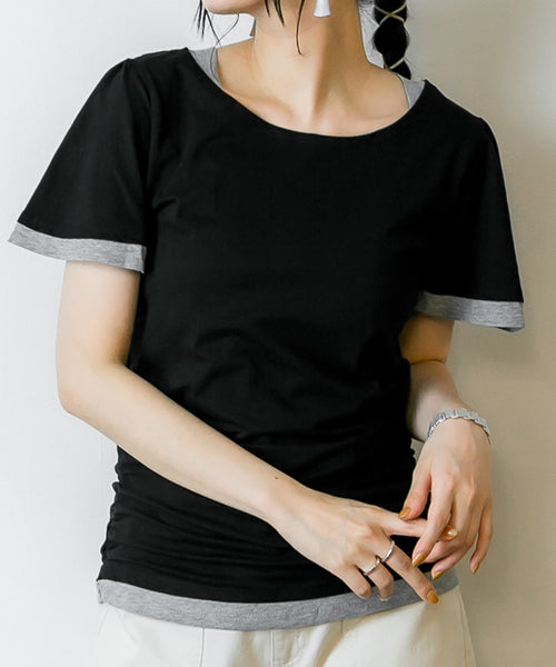 フレアー袖シャーリングカットソー バイカラー レイヤード スタイル カットソー 半袖 クルーネック 丸首  Tシャツ 春コーデ レディース カジュアル カットソー ハーフスリーブ ビッグサイズ 体型カバー ビッグシルエット 大きいサイズ M/L/LL/XL/XXL/3L/4Lサイズ 春 夏