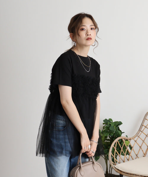 プリーツチュールドッキングTシャツ