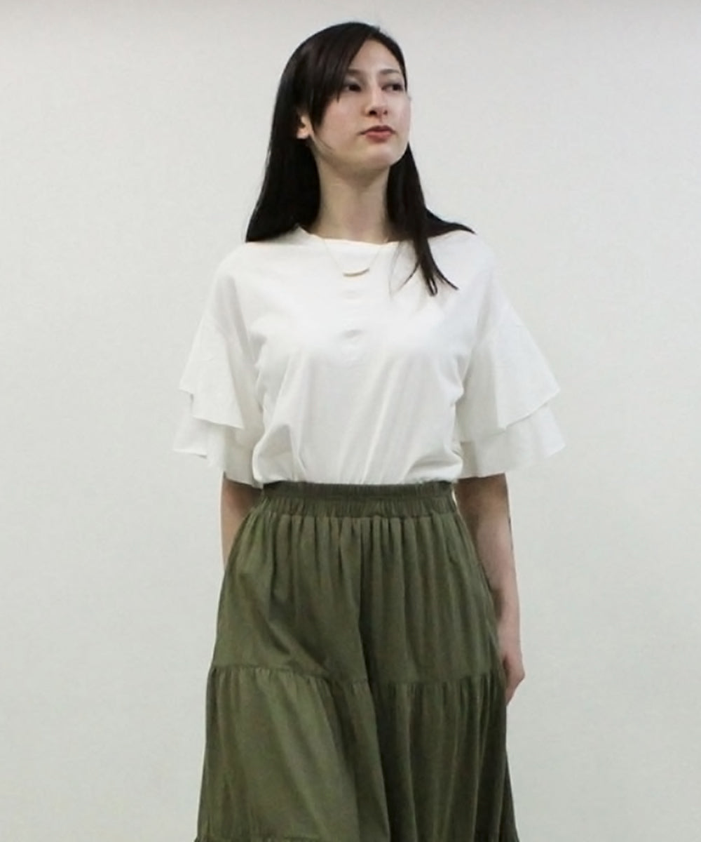 コットンフレアー袖カットソー ふんわり袖で大人フェミニンな印象に レディースファッション通販フリル袖 M-L LL-3L 4L-5L トップス Tシャツ フレア袖 半袖 大きいサイズ 大きめ 夏 無地
