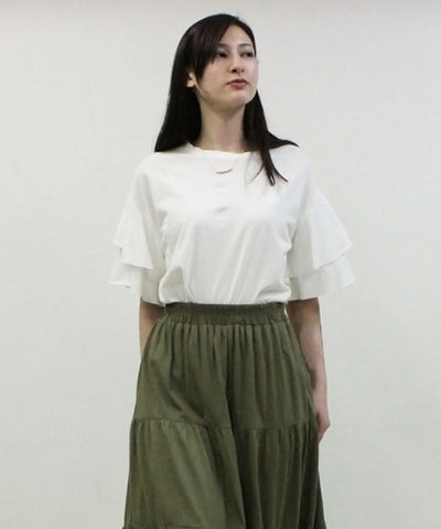 コットンフレアー袖カットソー ふんわり袖で大人フェミニンな印象に レディースファッション通販フリル袖 M-L LL-3L 4L-5L トップス Tシャツ フレア袖 半袖 大きいサイズ 大きめ 夏 無地