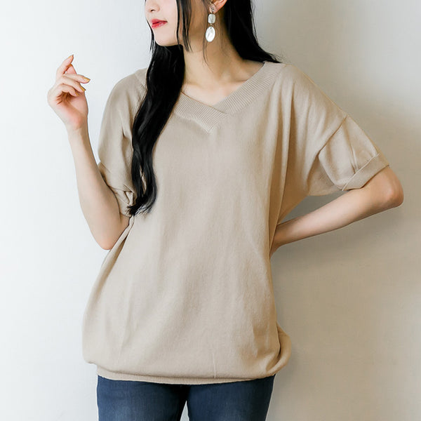 Vネックドルマン半袖綿ニット セーター カーディガン 半袖 ブイネック V首 Tシャツ 春コーデ レディース カジュアル ハーフスリーブ ビッグサイズ 体型カバー ビッグシルエット 大きいサイズ M/L/LL/XL/XXL/3L/4Lサイズ 春 夏 秋