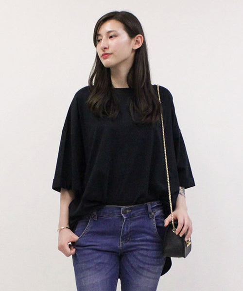 ロールアップハーフスリーブカットソー　ゆったりとしたシルエットがかわいい レディースファッション通販 M-L LL-3L 4L-5L Tシャツ ロールアップ ビッグTシャツ ビッグシルエット 五分袖 オーバー 無地 シンプル カット