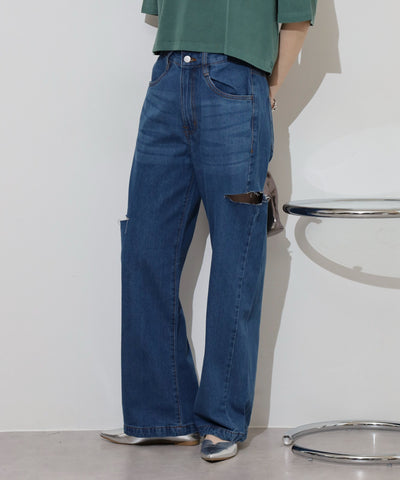 デニムダメージストレートパンツ