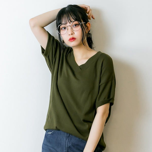 Vネックドルマン半袖綿ニット セーター カーディガン 半袖 ブイネック V首 Tシャツ 春コーデ レディース カジュアル ハーフスリーブ ビッグサイズ 体型カバー ビッグシルエット 大きいサイズ M/L/LL/XL/XXL/3L/4Lサイズ 春 夏 秋
