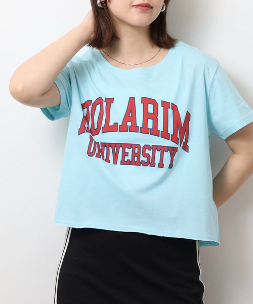 ショート丈裾フリンジオーバサイズシルエットロゴプリントTシャツ